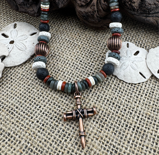Heishi Necklace with Copper Nail Cross 20”