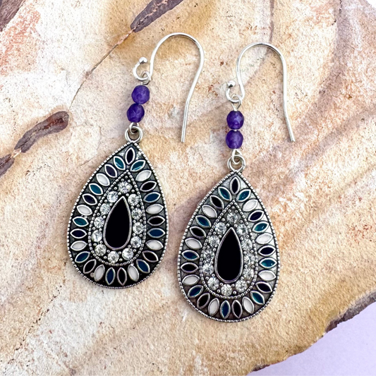 Antique Silver Dangle Earring with Amethyst Beads and Teardrop Charm 2.5”