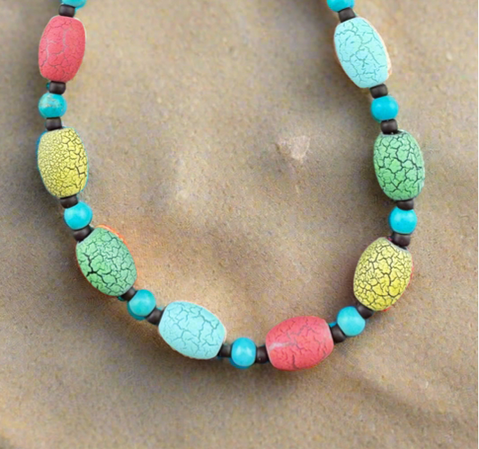 Unique Multicolored Crackled Beaded Necklace 17”