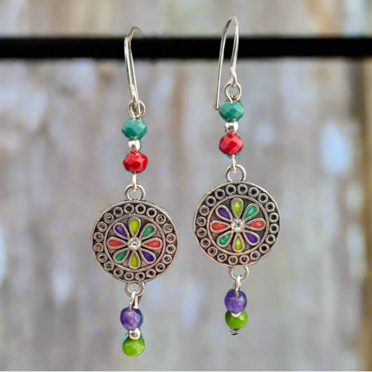 Antique Silver Drop Earrings With  Czech Beads and Colorful Charms 2.25”