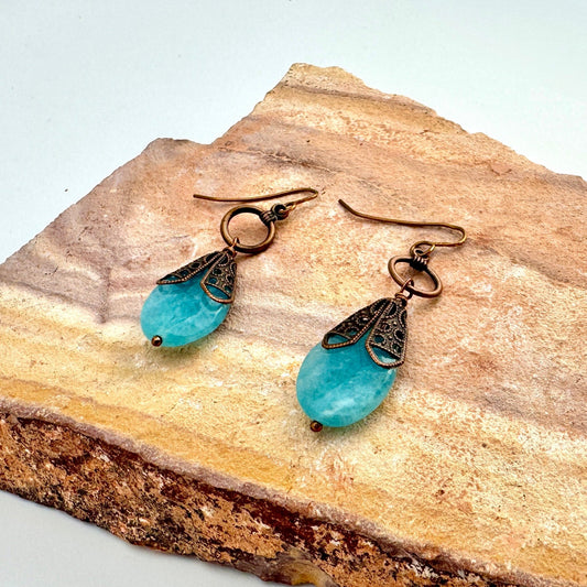 Earrings | Blue Chalcedony Gemstones | Antique Copper Finding  | 2.25"