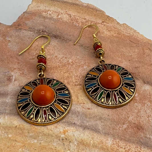 Dangle Earring with Red Czech Beads and Gold Colorful Charms 2.25”