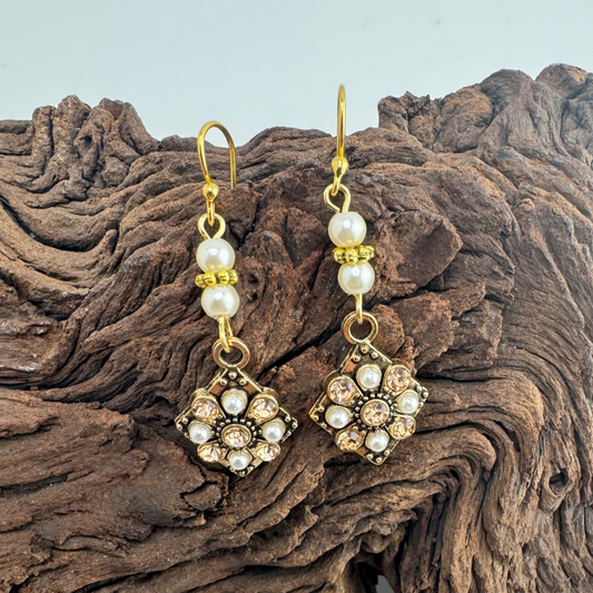 Dangle Pearl Earrings with Gold Rhinestone Charms with Tiny Pearl Accents 1.75”