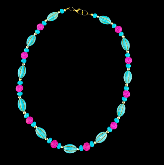 Turquoise Magnetite, Pink, and Gold Necklace 16”