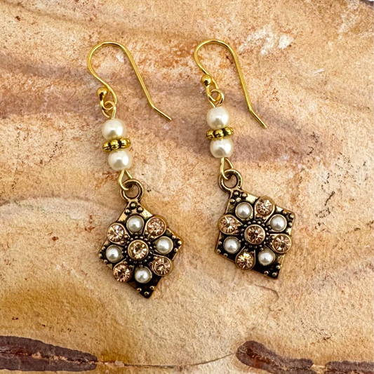 Dangle Pearl Earrings with Gold Rhinestone Charms with Tiny Pearl Accents 1.75”
