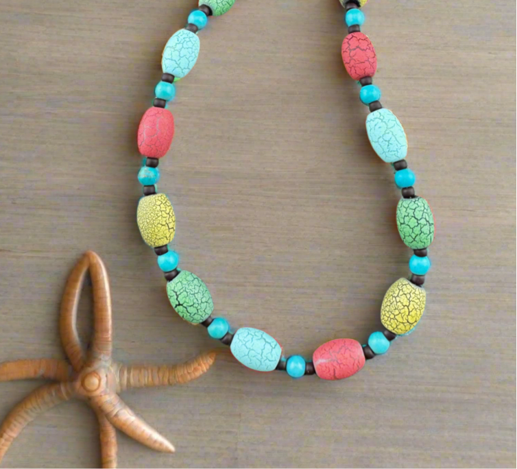 Unique Multicolored Crackled Beaded Necklace 17”