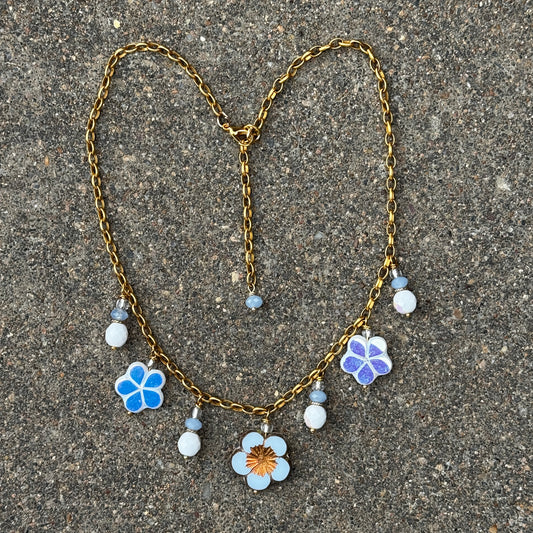 Blue Flower Czech Necklace 16.5"