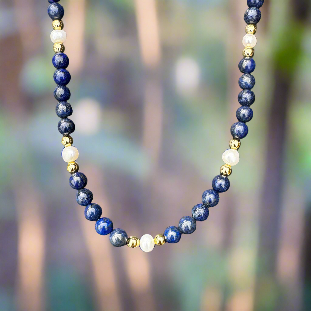 Lapis Lazuli, Pearl, & Gold Necklace 18"