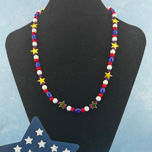 Star and Red, White, and Blue Beaded Necklace 18"