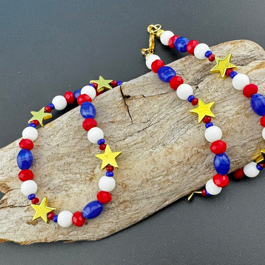 Star and Red, White, and Blue Beaded Necklace 18"