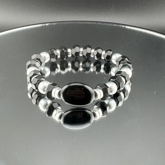 Onyx and Gray Gemstone Bracelet 7"