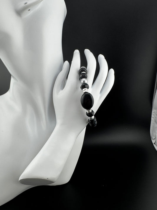 Onyx and Gray Gemstone Bracelet 7"