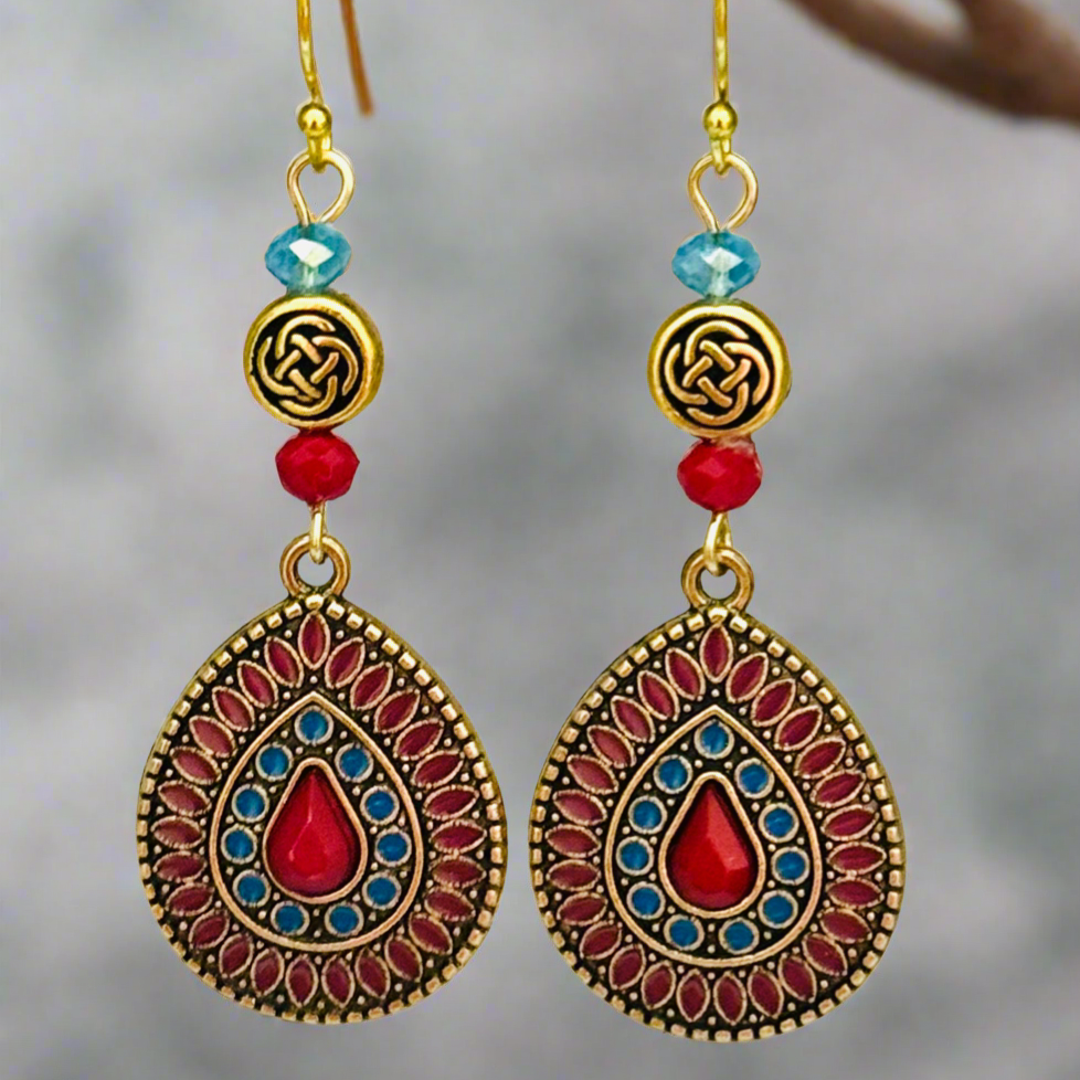 Elegant Earrings with Czech Beads with Antique Gold and Deep Red Charms 2.25”