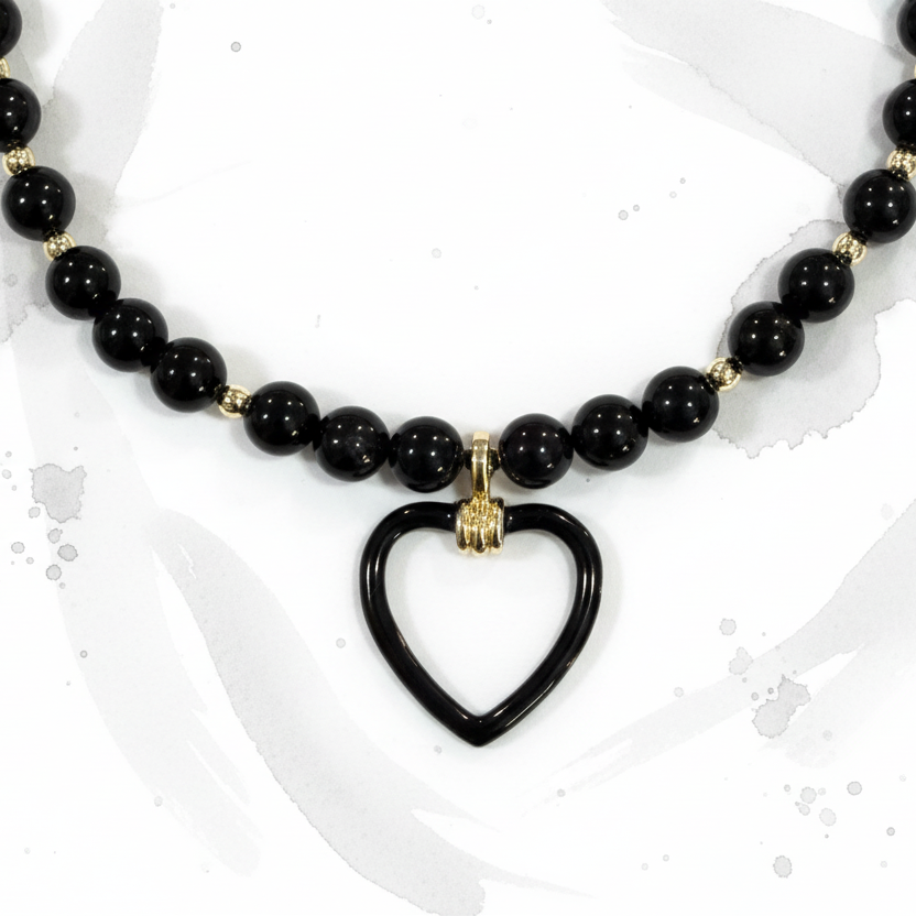 Necklace | Black Enamel Heart Pendant | Onyx | 18K Gold-filled Beads | 16” | 2”Ext