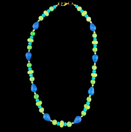 Unique Royal Blue and Lime Green Beaded Necklace