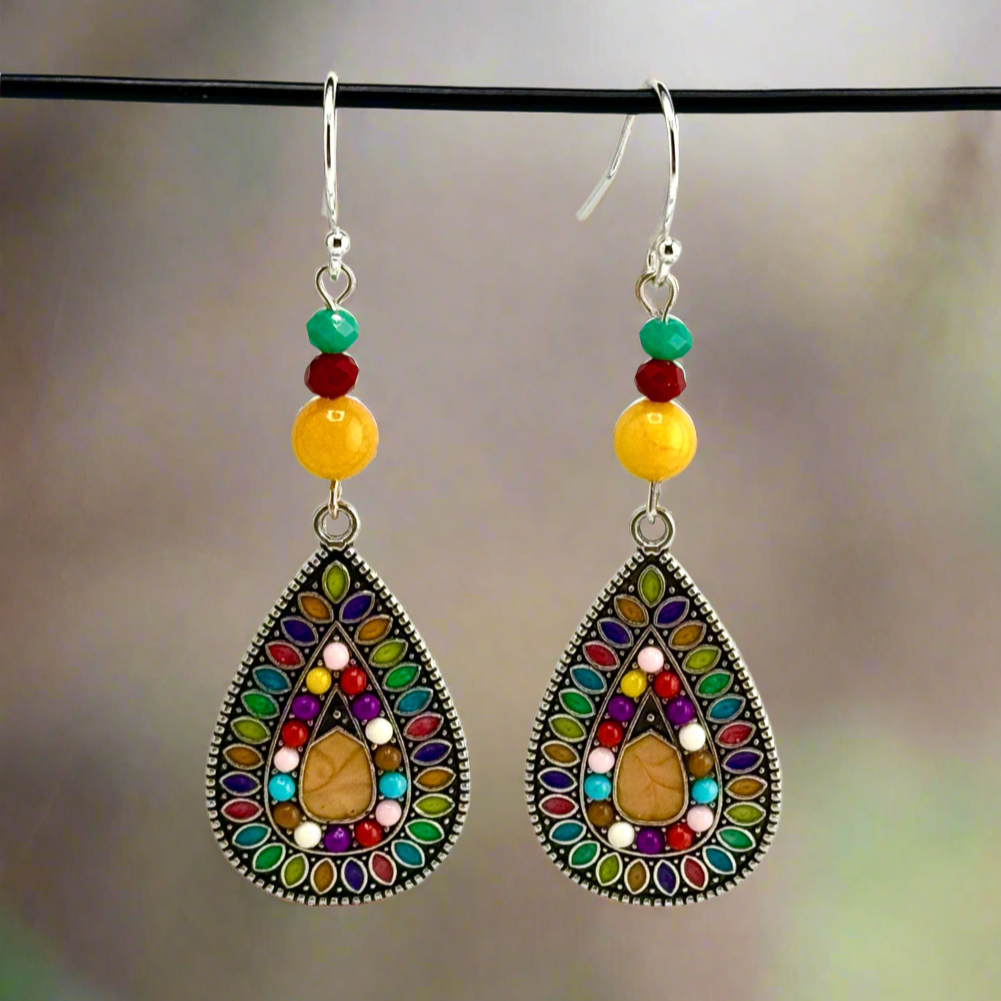 Colorful Antique Silver Tear Drop Earrings Suspended from Czech Beads and Amber 2.5”