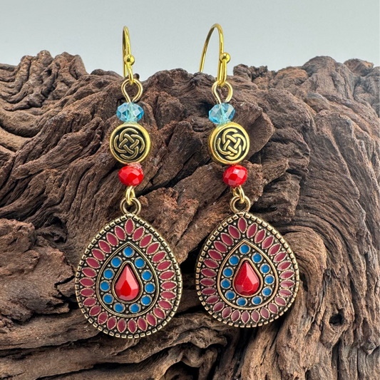 Elegant Earrings with Czech Beads with Antique Gold and Deep Red Charms 2.25”