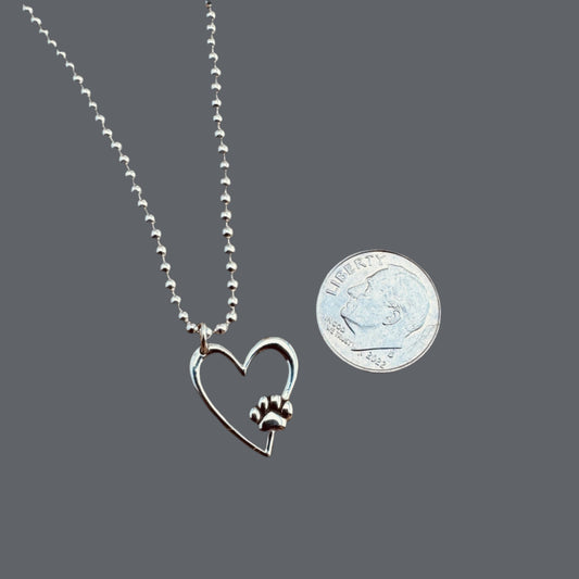 Sterling Silver Paw Print Heart Charm on Sterling Silver Bead Chain 20"