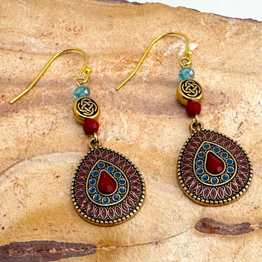 Elegant Earrings with Czech Beads with Antique Gold and Deep Red Charms 2.25”