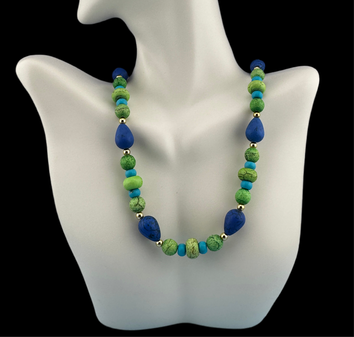 Unique Royal Blue and Lime Green Beaded Necklace