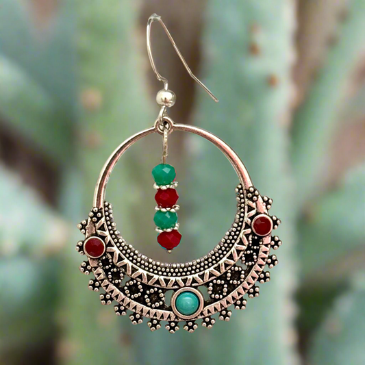Antique Silver Hoops adorned with Red and Turquoise Accents 2”