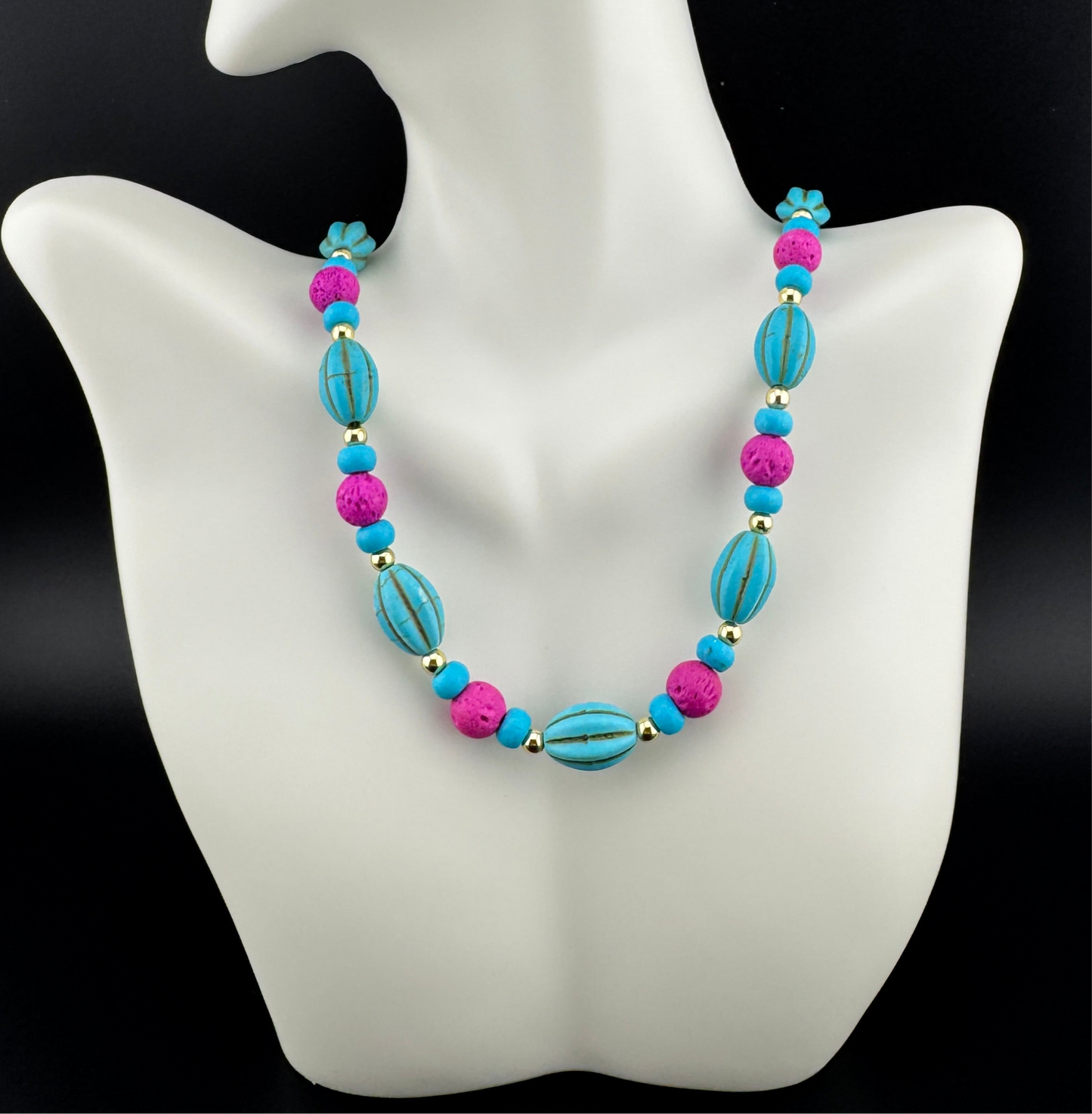 Turquoise Magnesite, Pink, and Gold Necklace 16”
