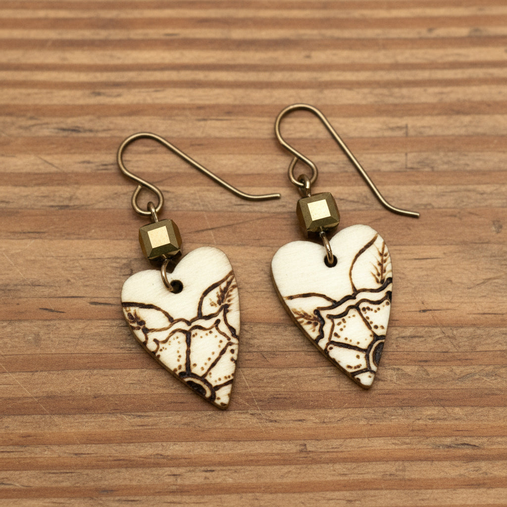Earrings | Zentangles | Heart-shaped | Sunflower | Wood-burned | 1.5"