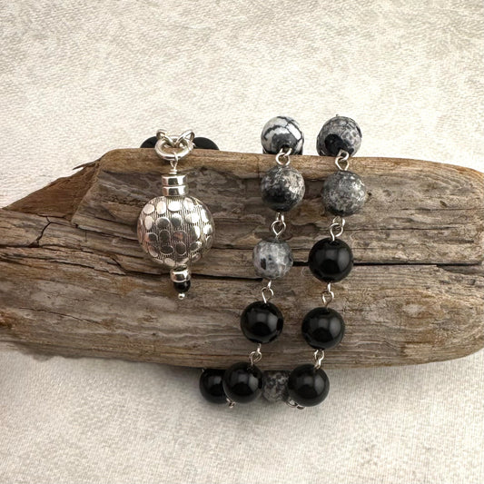Necklace | Black Onyx | Gray Crazy Lace | SS Hill Tribe Pendant | 18” | 2" Ext