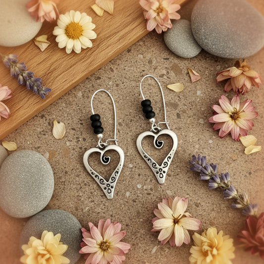 Earrings | Antique Silver Heart Charm | Kidney-shaped Earwires | Onyx Beads | 2"