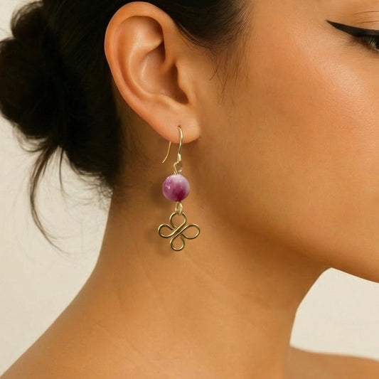 Petite Fushia Rose Earrings with Wire-wrapped Clover 1 1/2”