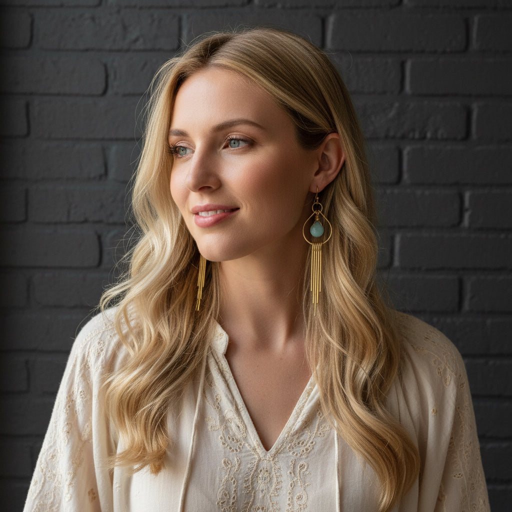 Amazonite Briolette Earrings with Swahing Fringes  3 1/2”