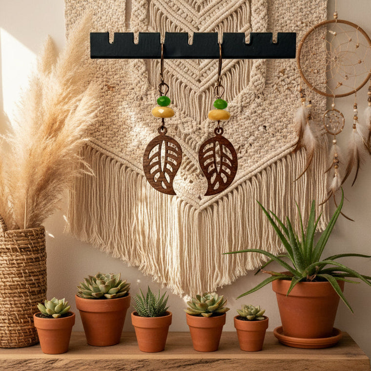 Earrings | Wooden Leaf Charms | Yellow Jade Gemstone | Green Jade Gemtone | 2.5"