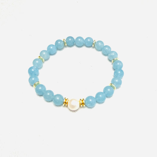 Bracelet | Freshwater Pearl |Blue Jade Gemstones | 18K Gold-plated Saucer beads | Stretch