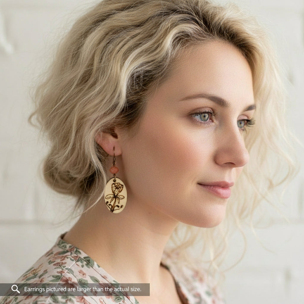 Earrings | Zentangles | Oval Shape | Floral Design | Wood-burned | Small Size | 1.5