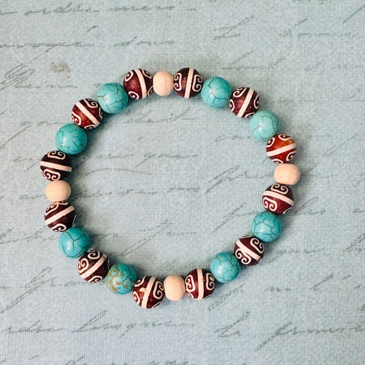 Handpainted Brown Gemstone with Turquoise Magnesite, Off-White, and Gold Beads 8"