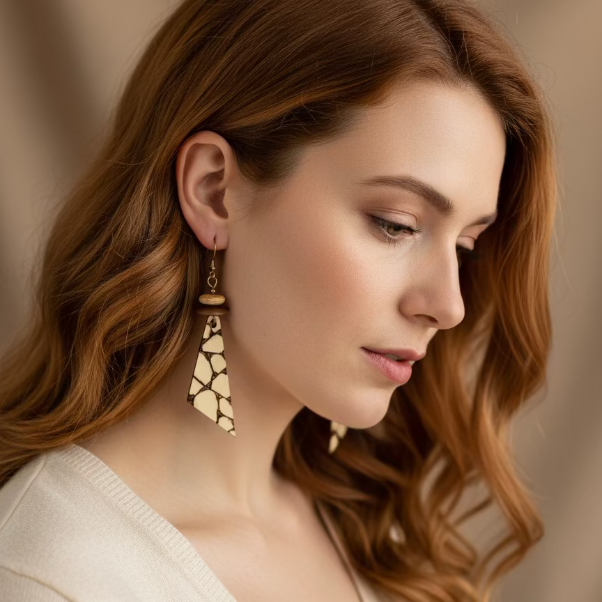 Earrings | Triangles |Zentangled Geometric Design | Wood-burned |  Antique Copper Saucer | Wooden Discs | 3"