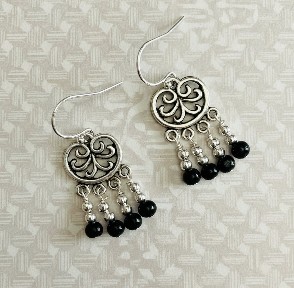 Earrings | Black Onyx | Chandelier | Dangle | Antique Silver | 1.5"