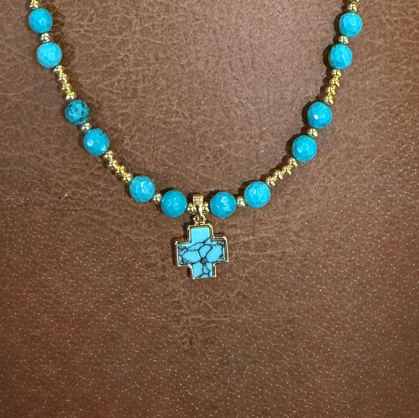 Necklace | Turquoise Cross Pendant | Gold-Filled Ball Beads | 16”