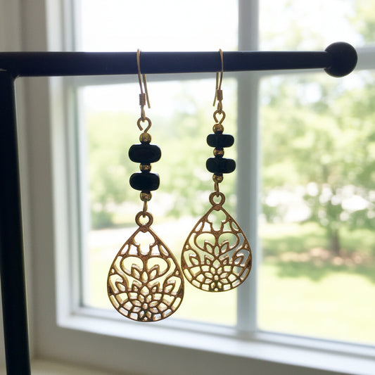 Earrings | Black Onyx | Gold Metal Filagree Teardrop | 2.5"