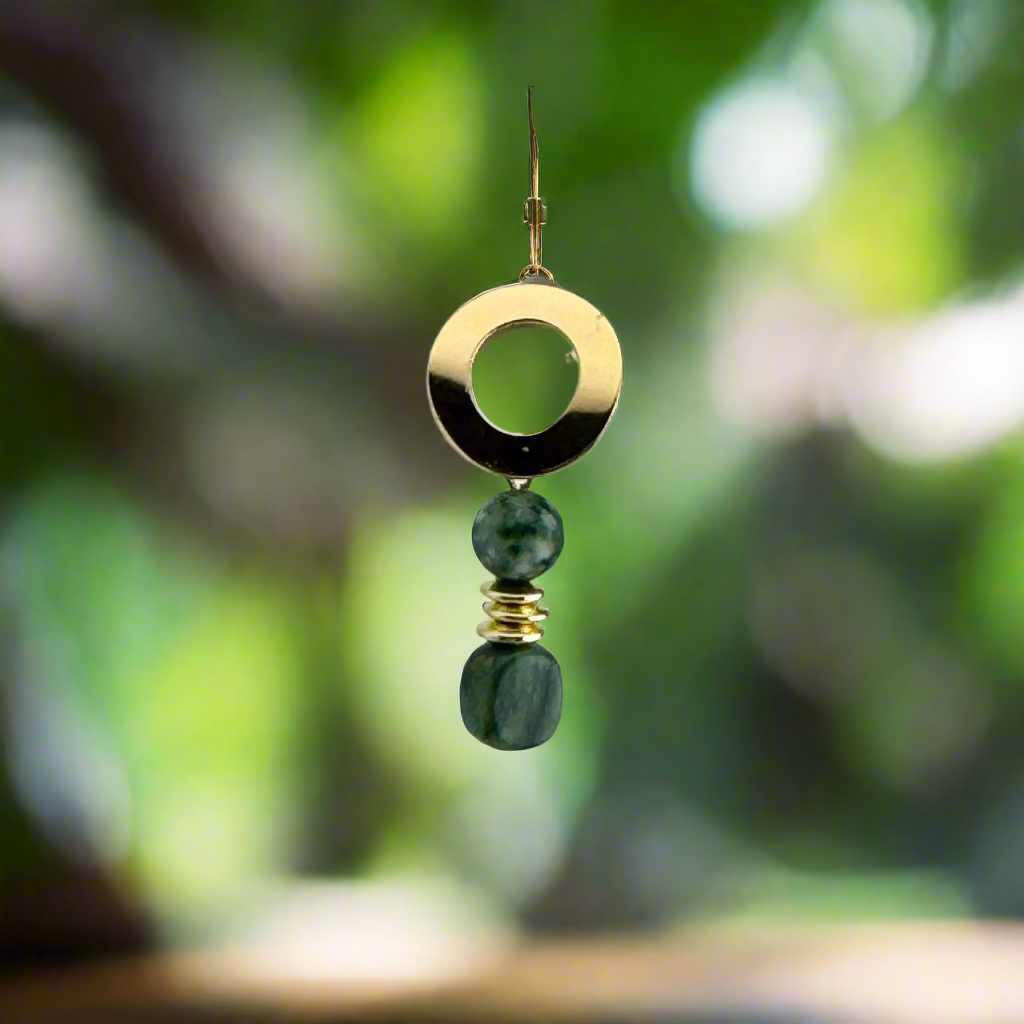 Earrings | Moss Agate Gemstones | Nephrite Jade Cube Beads | 18K Plated spacers | 1.5”