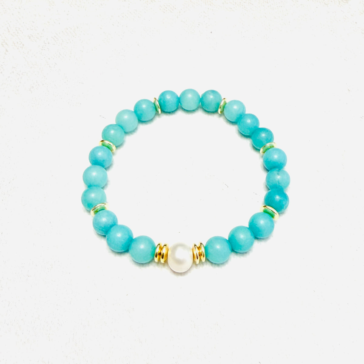 Bracelet | Freshwater Pearl | Teal Jade Gemstones | 18K Gold-plated Saucer beads | Stretch