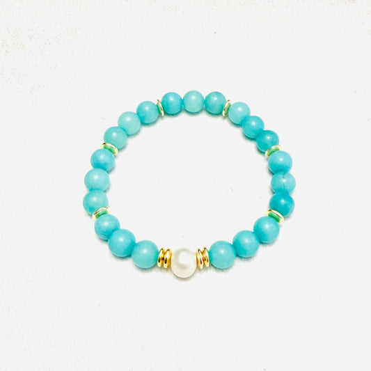 Bracelet | Freshwater Pearl | Teal Jade Gemstones | 18K Gold-plated Saucer beads | Stretch