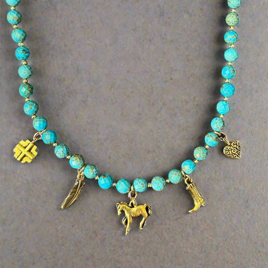 Southwest Charm Necklace with Magnesite Turquoise & Gold Beads 19"