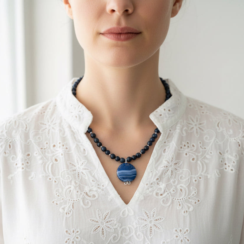 Necklace| Blue Bandit Agate Pendant | Sodalite Gemstones | 16”