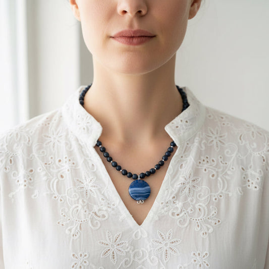 Necklace| Blue Bandit Agate Pendant | Sodalite Gemstones | 16”