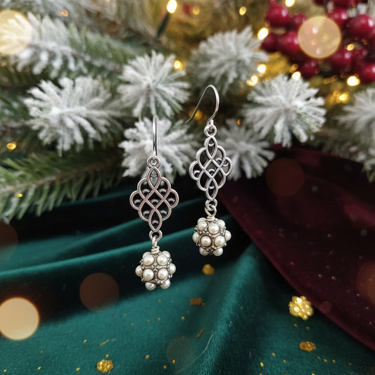 Earrings | Antique Silver Diamond Shaped Filagree | Multi-Pearl Beads | 2"