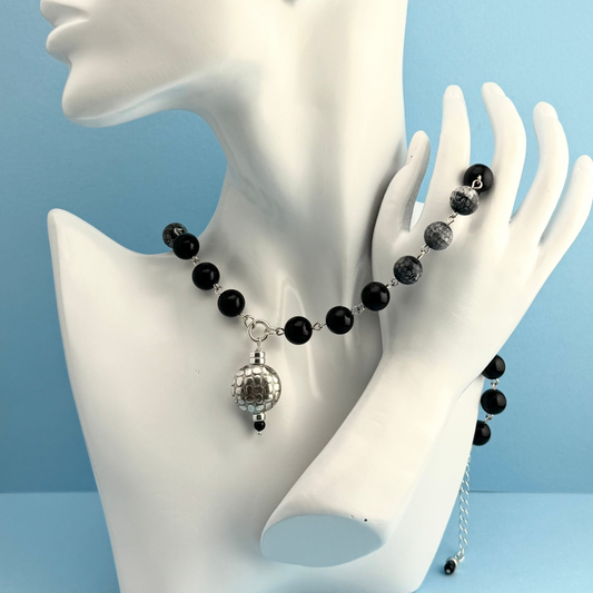 Necklace | Black Onyx | Gray Crazy Lace | SS Hill Tribe Pendant | 18” | 2" Ext