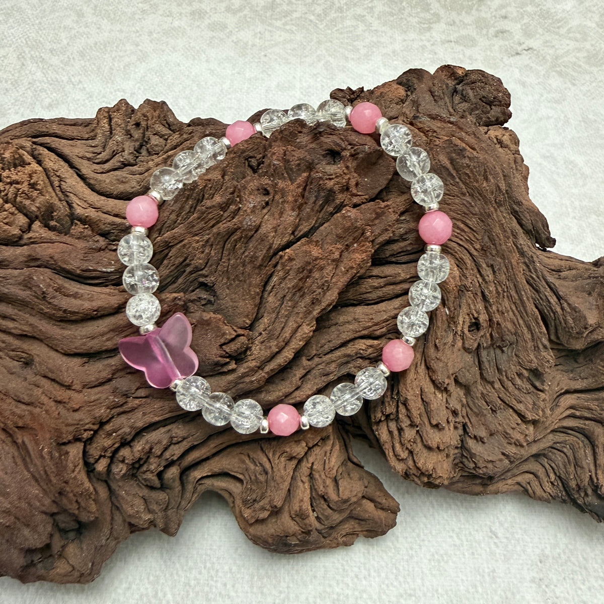 Cracked Glass | Pink Bracelet with Pink Butterfly | Stretch