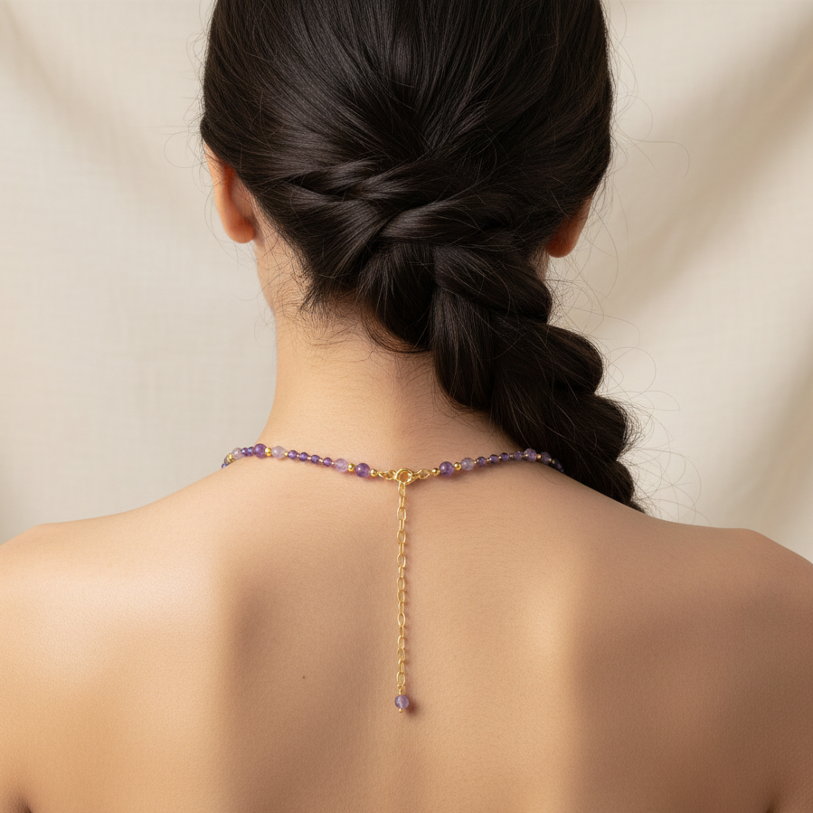 Dainty Purple Amethyst Necklace with a Carved Square Charm 16” with 2” Extension