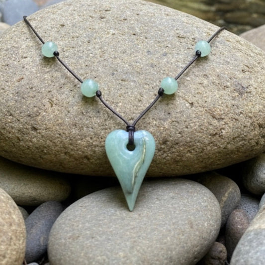 Green Jade Leather Necklace | Green Jade Heart Pendant | 16”| 2” Extension